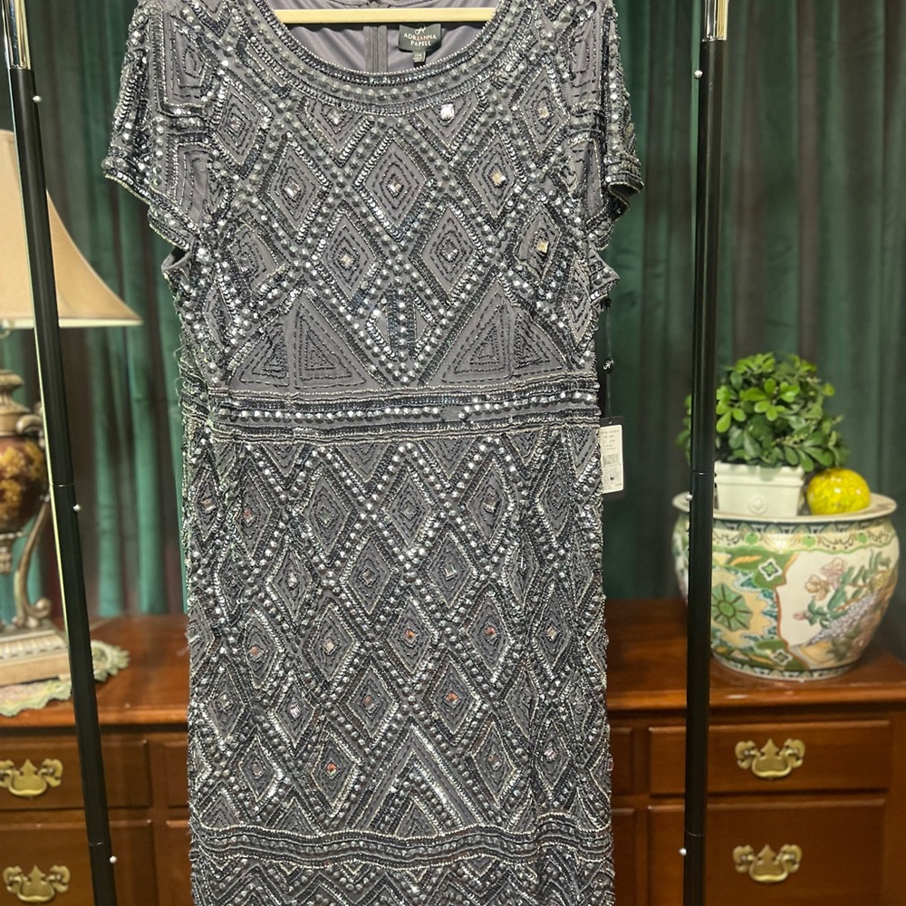 Imperfect Adrianna Papell Silver Beaded Midi Dress